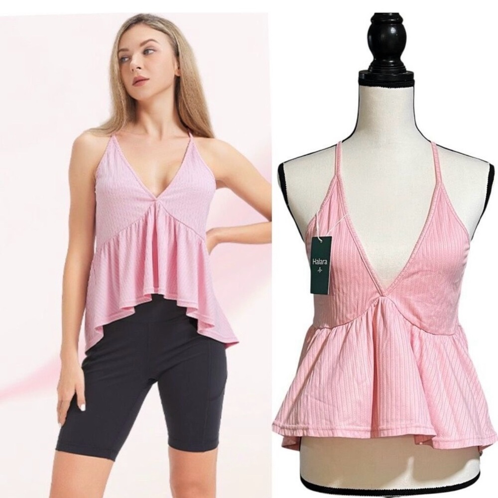 HALARA Ribbed Flowy V-Neck Tank Top Blush Pink NWT Vacation Resort Athleisure